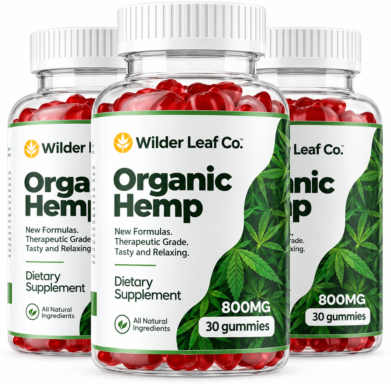 Three bottles of Wilder Leaf Co. Organic Hemp gummies